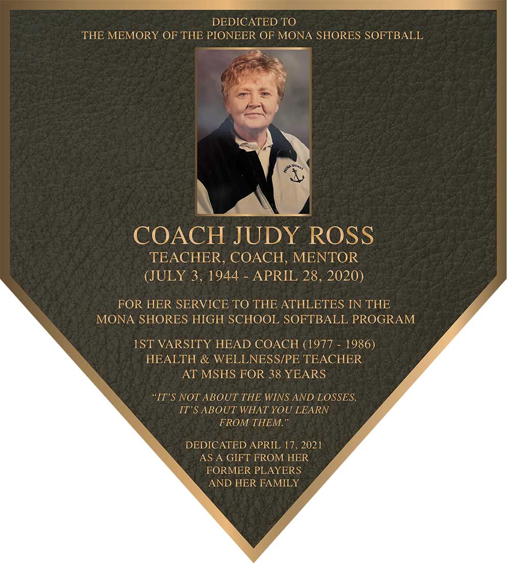 bronze school plaque home plate shape with color photo of coach on this school cast bronze plaque